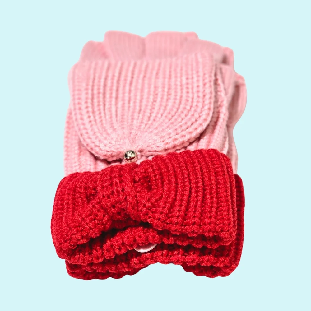 Kate Spade Hat & Gloves Set Pink Multi Wool Blend Bow Cuff Beanie Pop Top Gift
